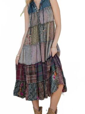 Boho Patchwork Tiered Midi Dress - Multicolor
